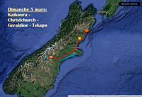 5 mars: Christchurch - Geraldine - Tekapo.